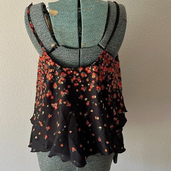 Free People Intimately Womens Black Floral Spaghetti Strap Ruffle Cami Top Med - Picture 4 of 9